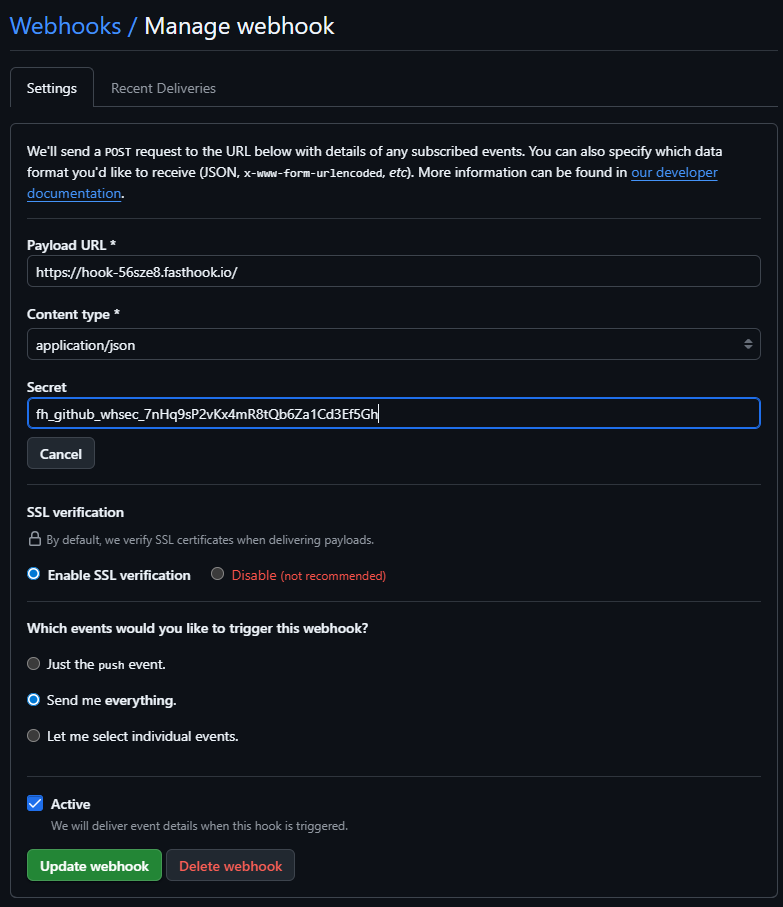 GitHub webhook Secret field configured for FastHook HMAC verification