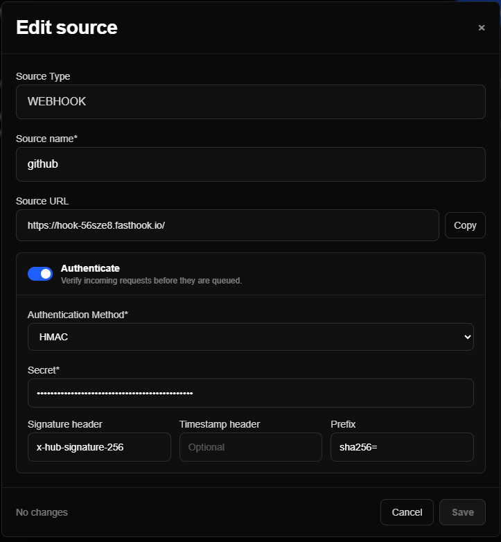 Source authentication settings in FastHook