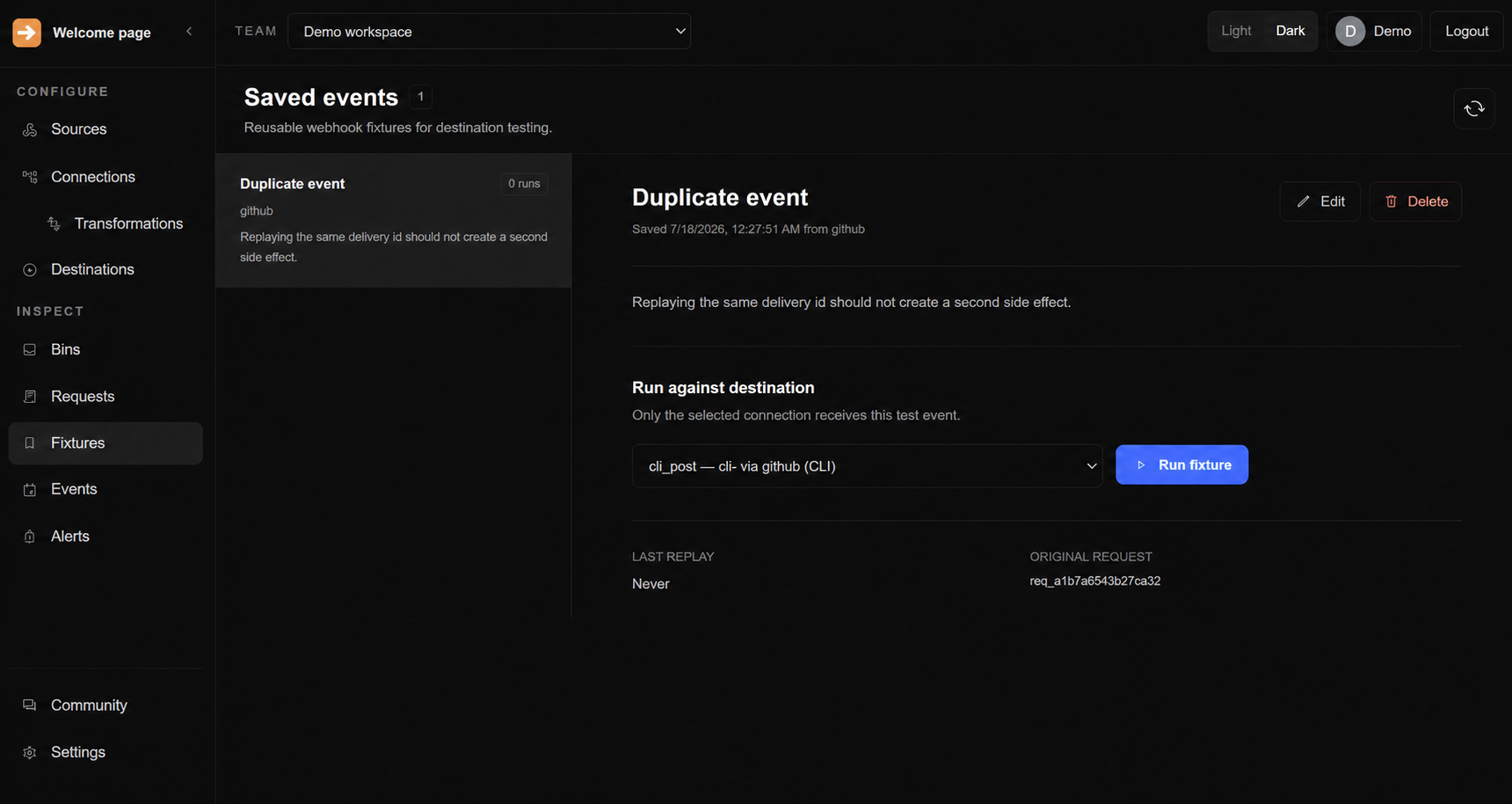FastHook Saved events screen showing a Duplicate event fixture, destination selector, and Run fixture action.