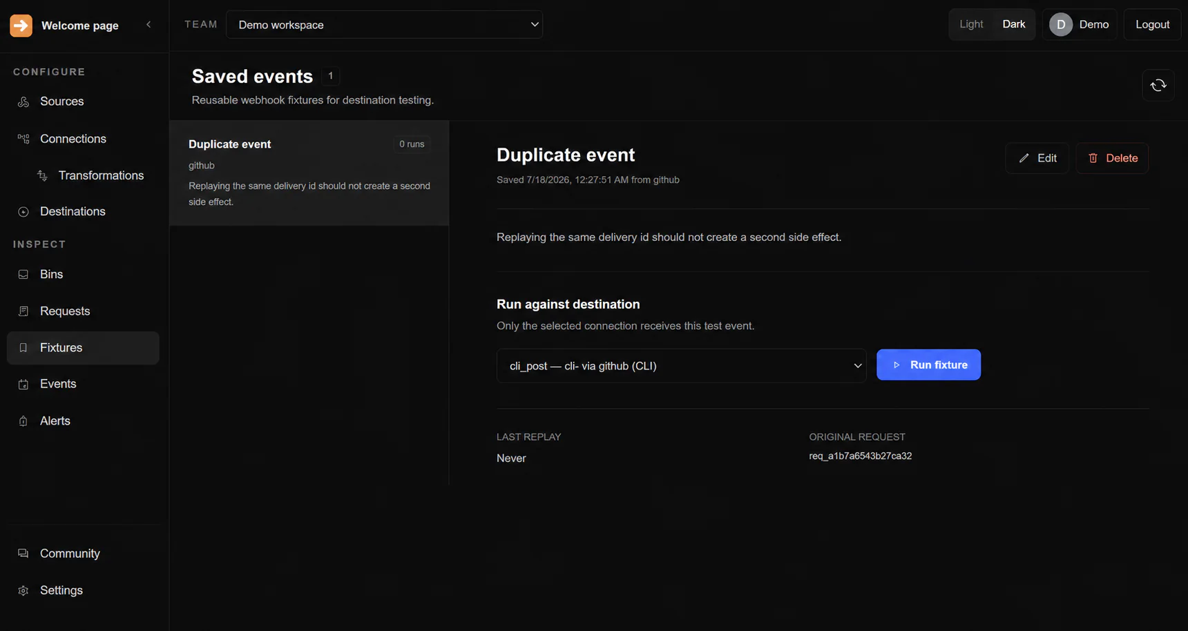 FastHook Saved events screen showing a Duplicate event fixture, destination selector, and Run fixture action.